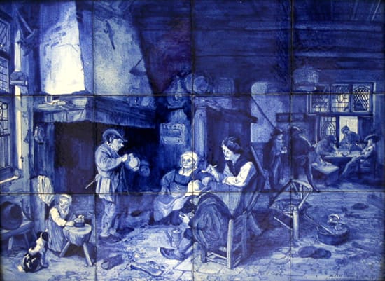 Goedewaagen, tegeltableau, DB, decor Interieur herberg naar Adriaen van Ostade, olieverf in Rijksmuseum, 1935, uitvoering W.H. van Norden (coll. Ellen Westenberg)