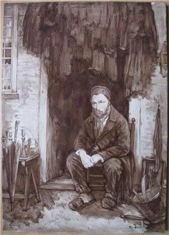 PBD, Kachelplatte, sepiafarben, nach Joseph Israëls, Sohn des alten Volkes, 1909 (coll. Bert-Jan Baas)
