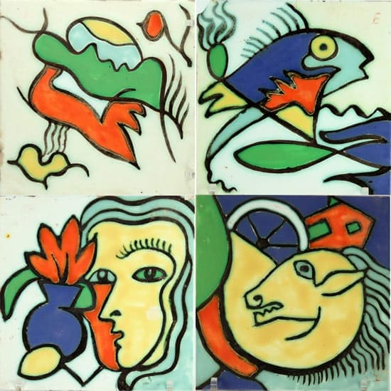 Goedewaagen, vierdelige tegelstrip, 15 x 15 cm per tegel, met speelse citaten naar Miro, Picasso en Der Blaue Reiter, 1953-1955 (coll. Patrick en Nicky van Bekkum)
