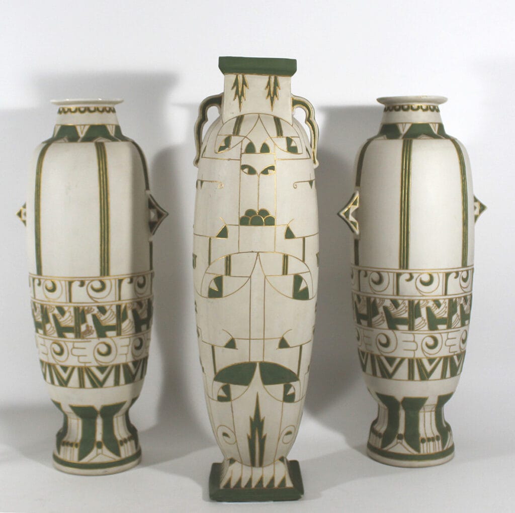 Porceleyne Fles, porcelain bisque with decorations in matt green and gold, 1902, h. 41.8 cm; on loan coll. Meentwijck