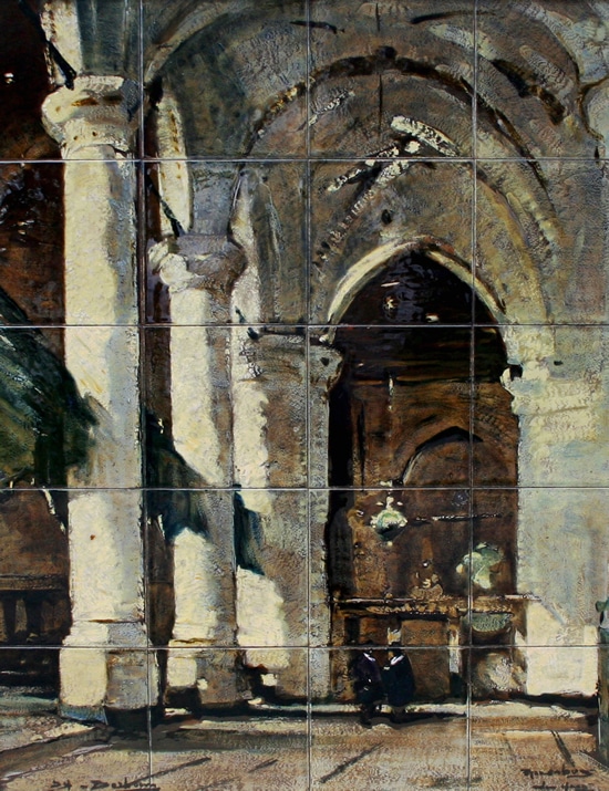 Rozenburg-tegeltableau, Interieur van de Grote of Jacobskerk in Den Haag, door Daniël Harkink naar J. Bosboom, ca 1899 (coll. Meentwijck)